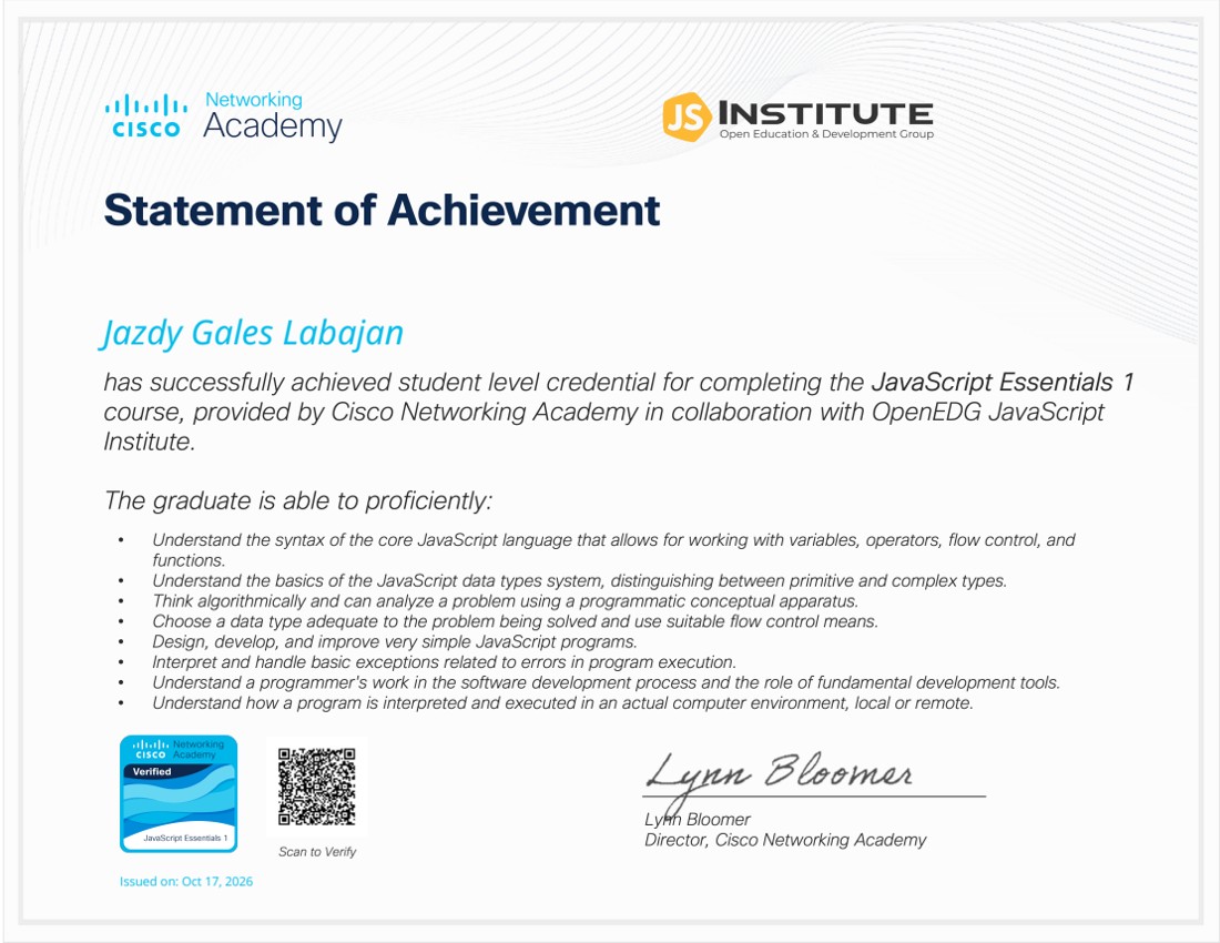 JavaScript Essentials 1 awarded to Jazdy Gales Labajan
