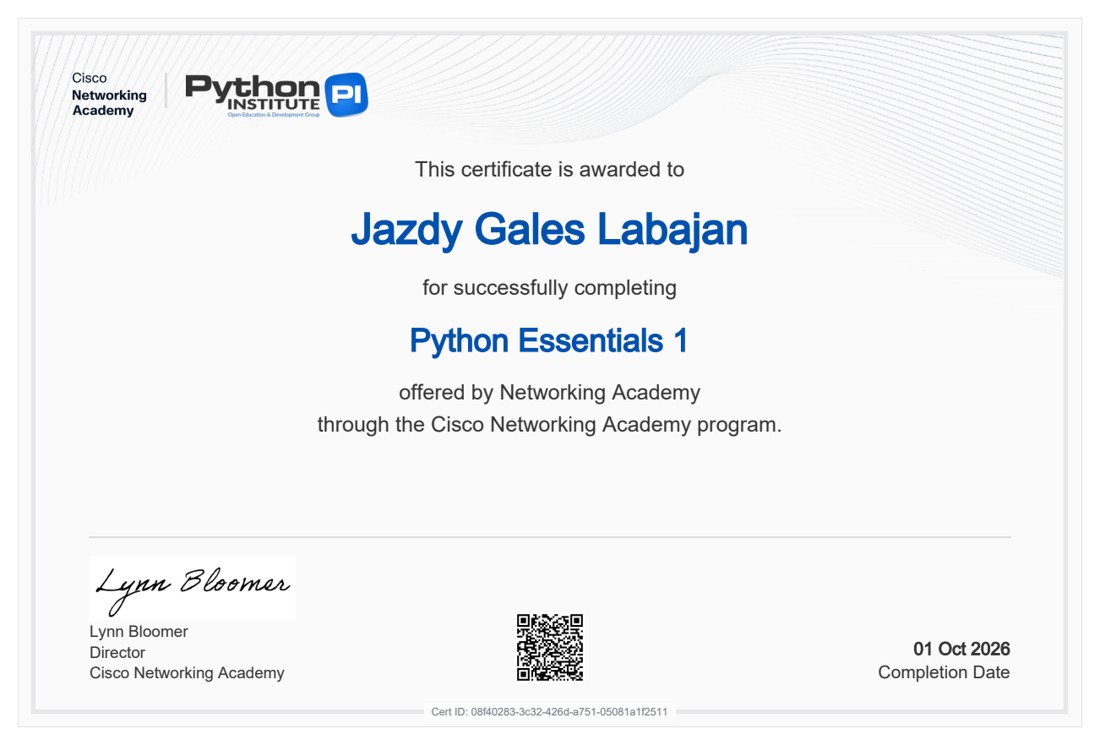 Python Essentials 1 awarded to Jazdy Gales Labajan
