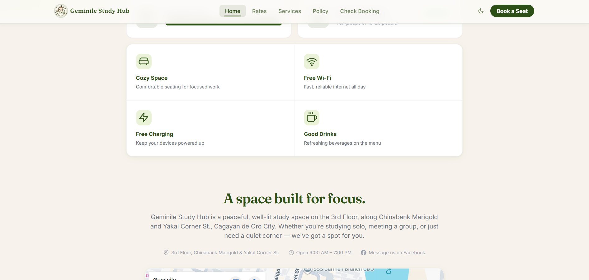 Amenity cards for cozy space, free Wi-Fi, free charging, and drinks above the space built for focus introduction