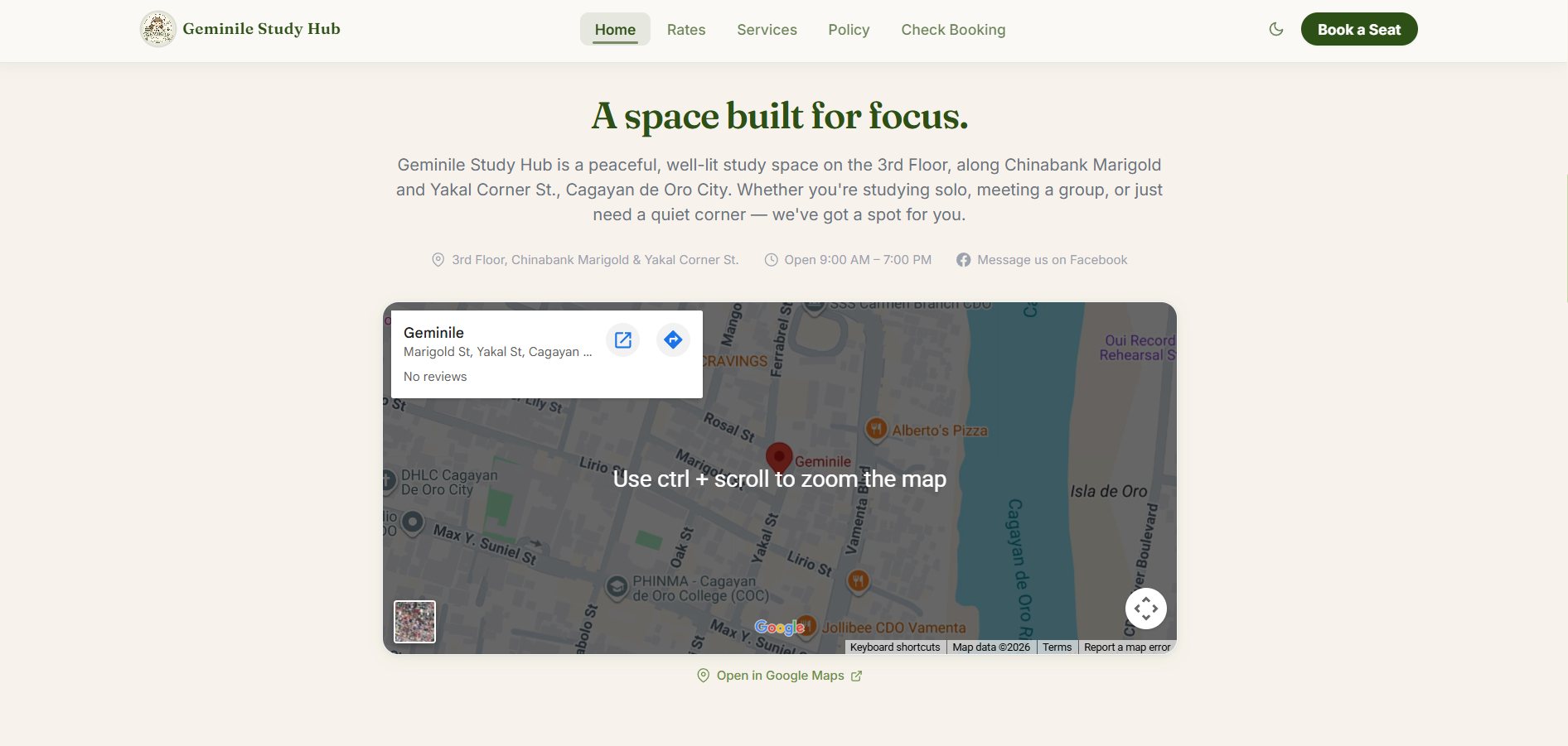 Location section with address, operating hours, and an embedded Google Map of the study hub