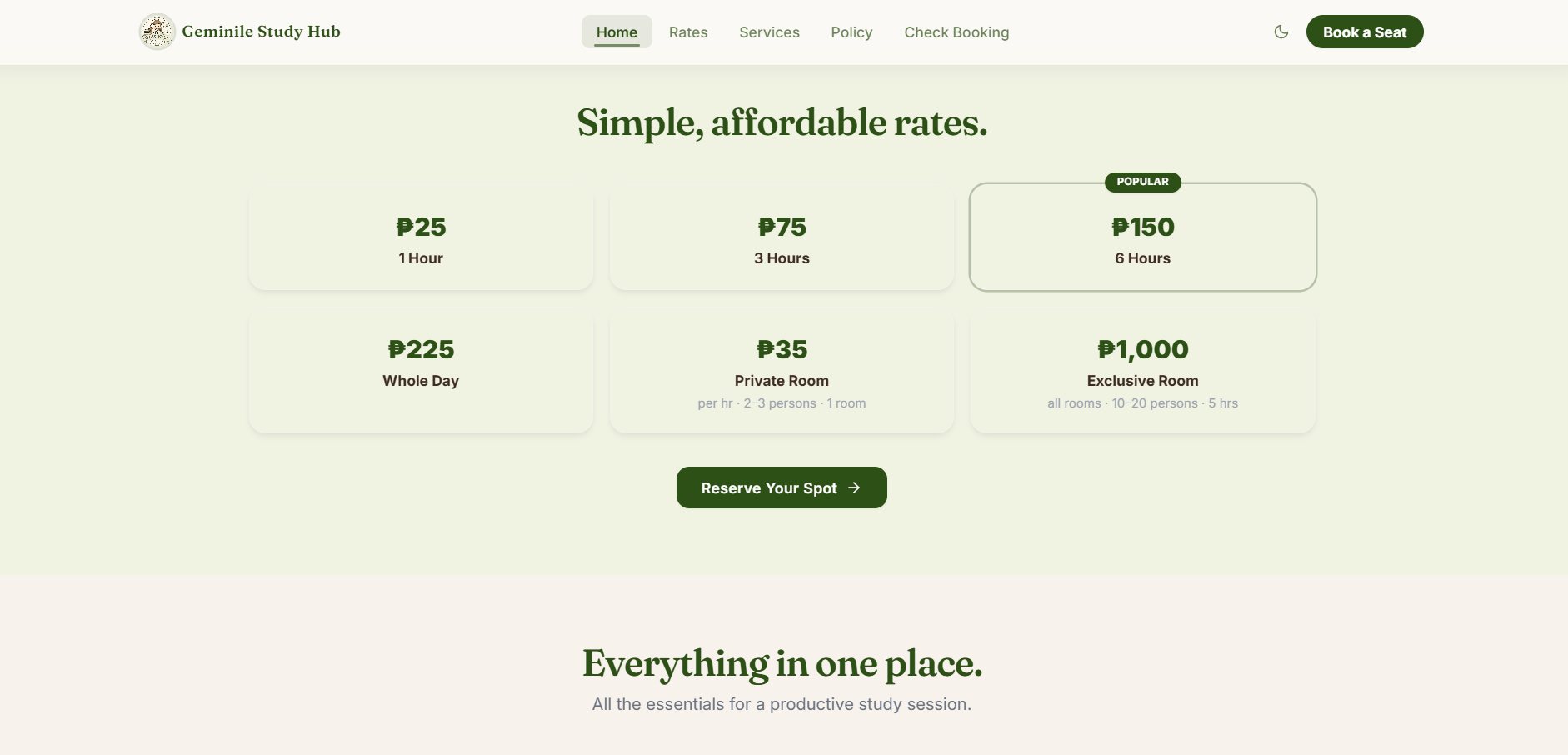 Homepage rates section with pricing from 25 to 1,000 pesos and a Reserve Your Spot button