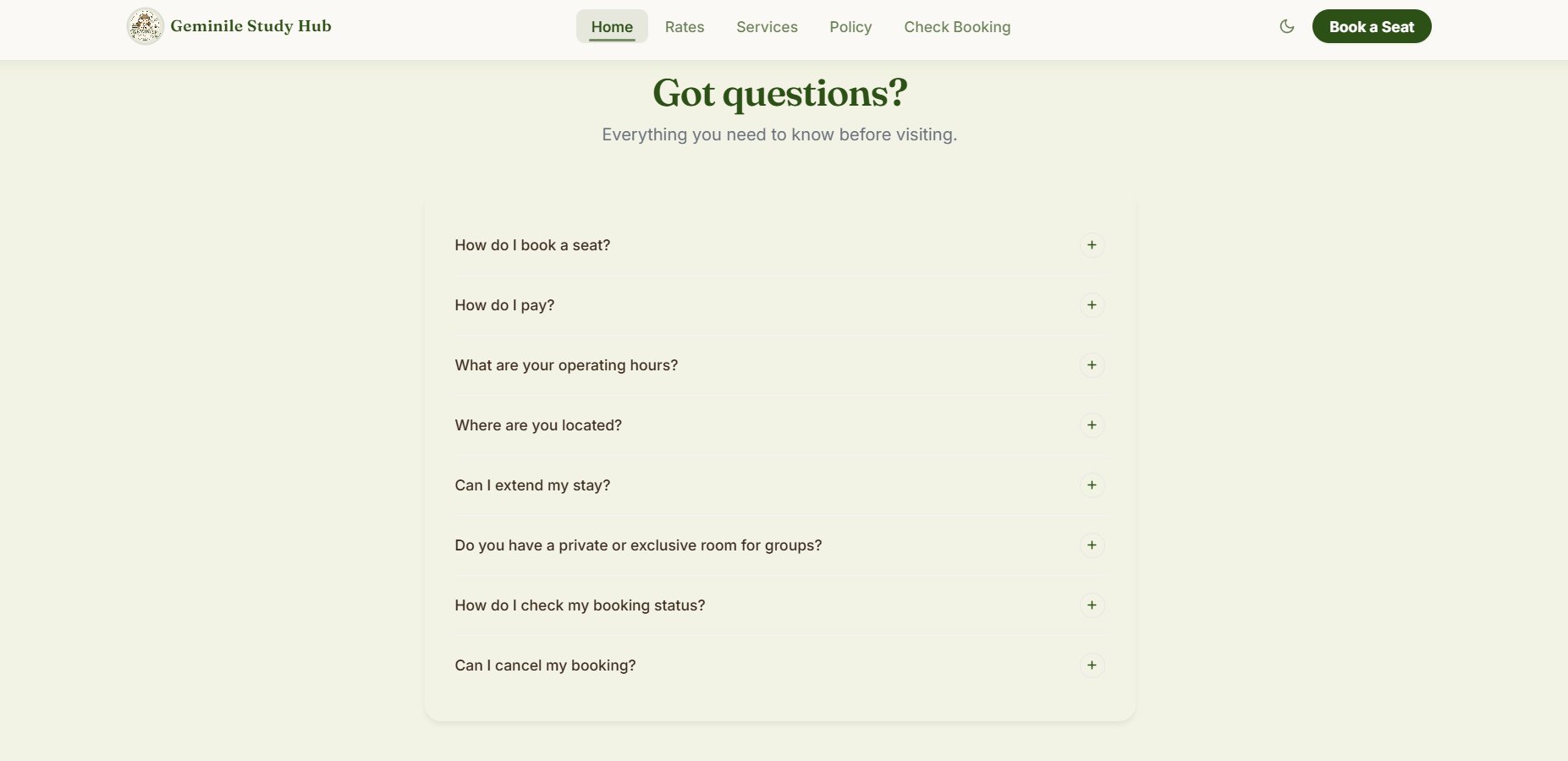 Got questions FAQ accordion covering booking, payment, hours, and cancellations