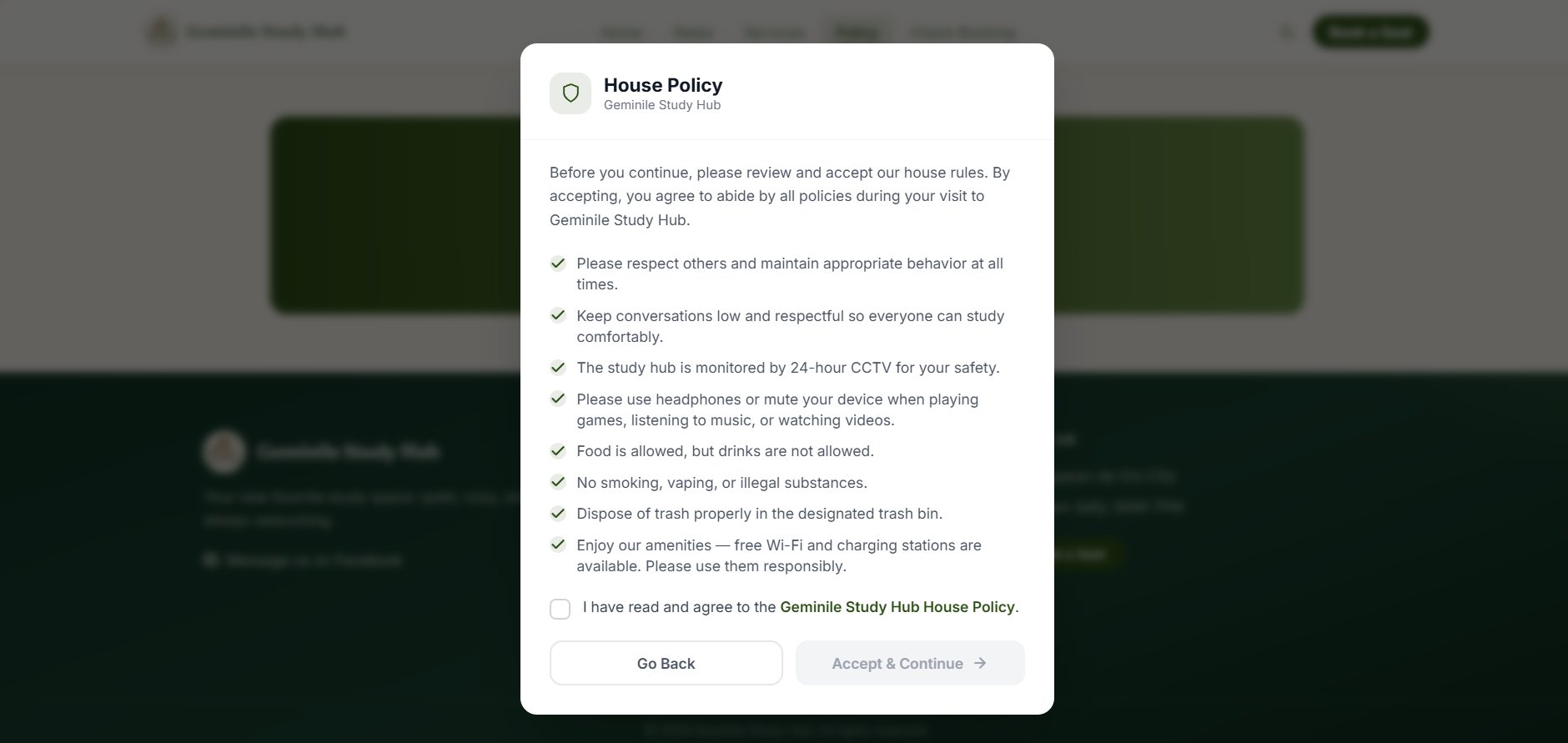 House Policy modal listing house rules with an agree checkbox and accept button
