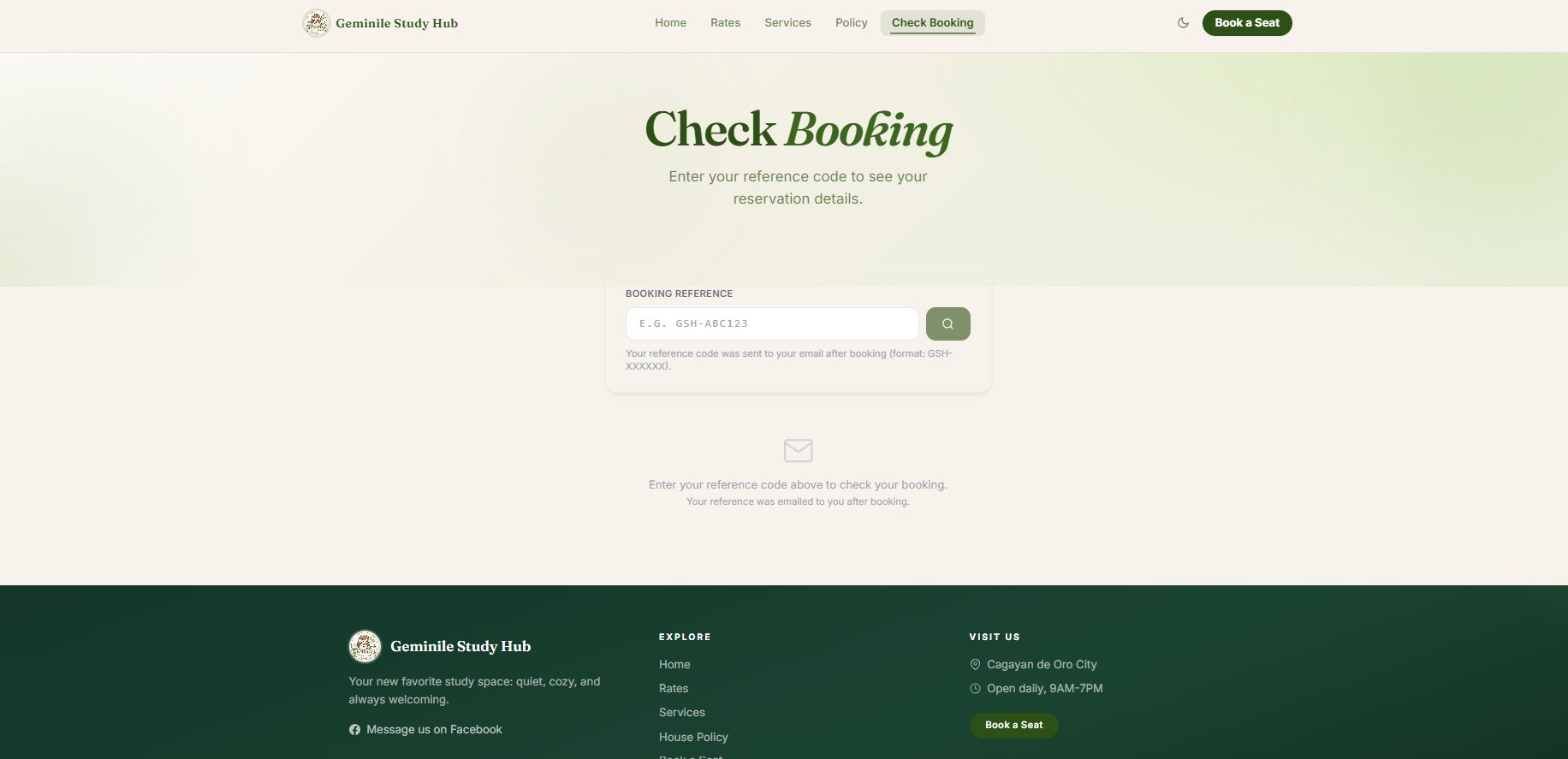 Check Booking page for looking up a reservation by reference code