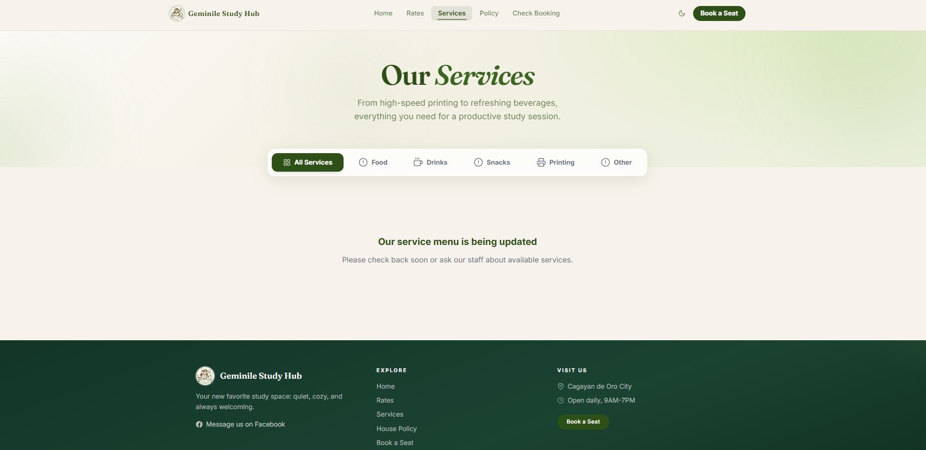 Our Services page with category filters for food, drinks, snacks, printing, and other
