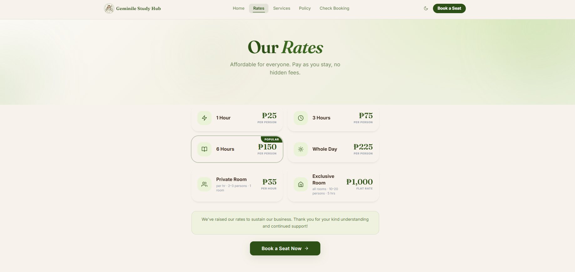 Our Rates page listing per-person rates and room pricing with an updated rates notice