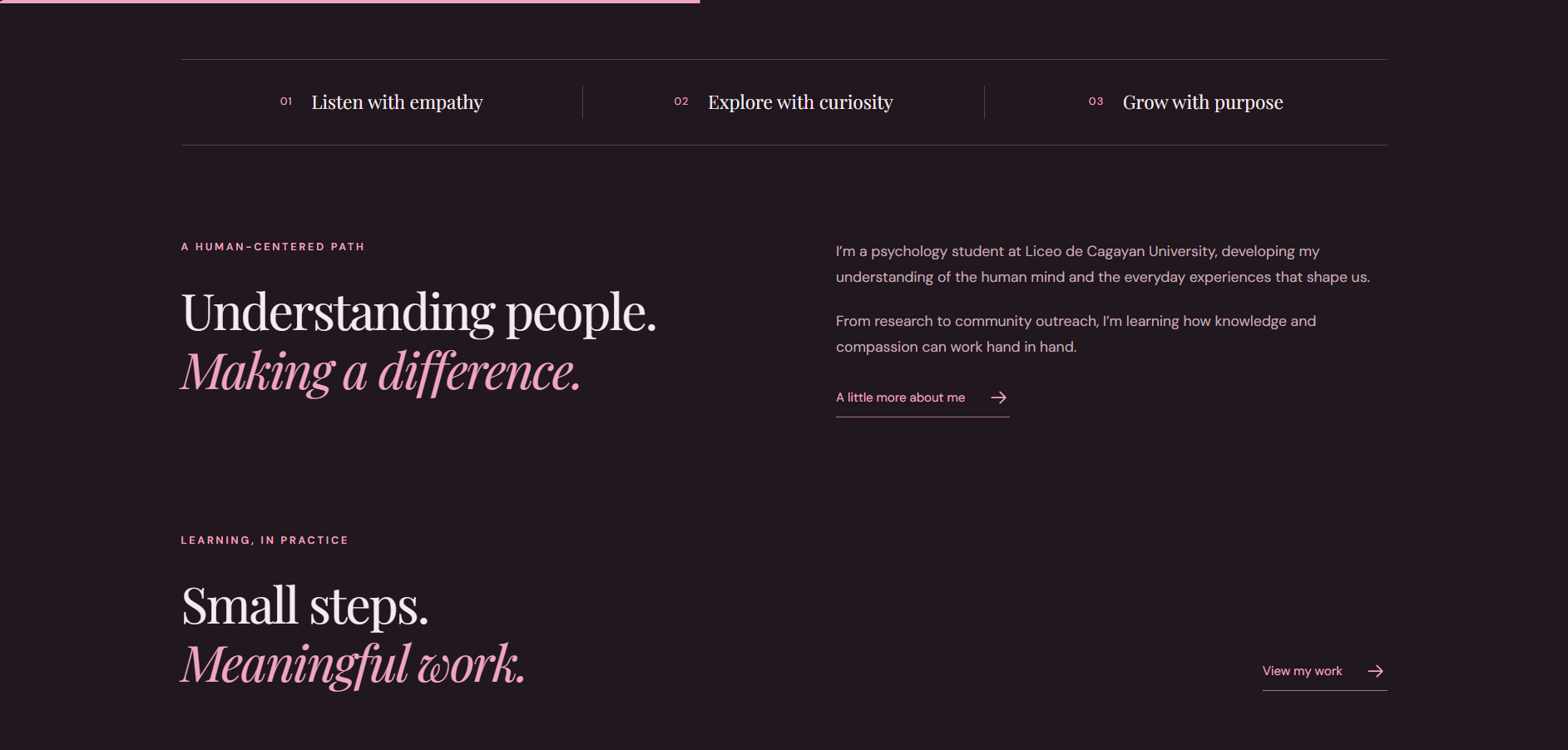 Rose Ann portfolio homepage sections for empathy, curiosity, purpose, and introductory story