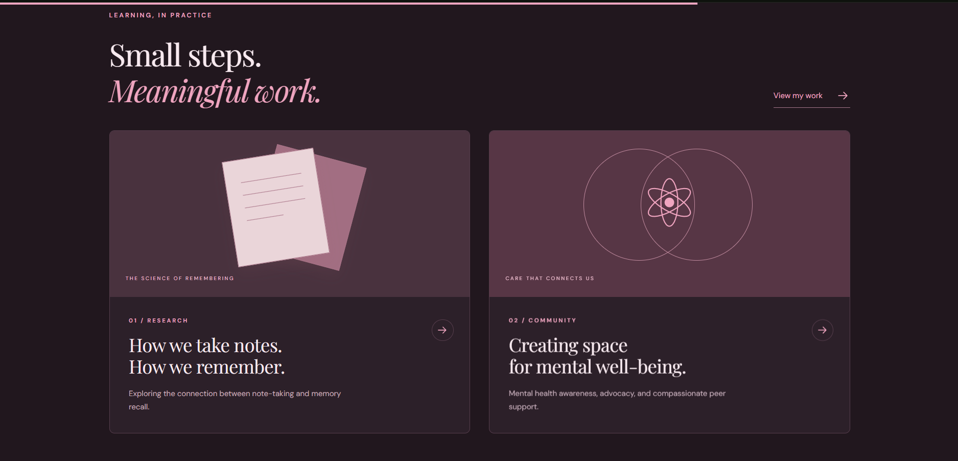 Rose Ann portfolio featured work cards for research and community mental well-being