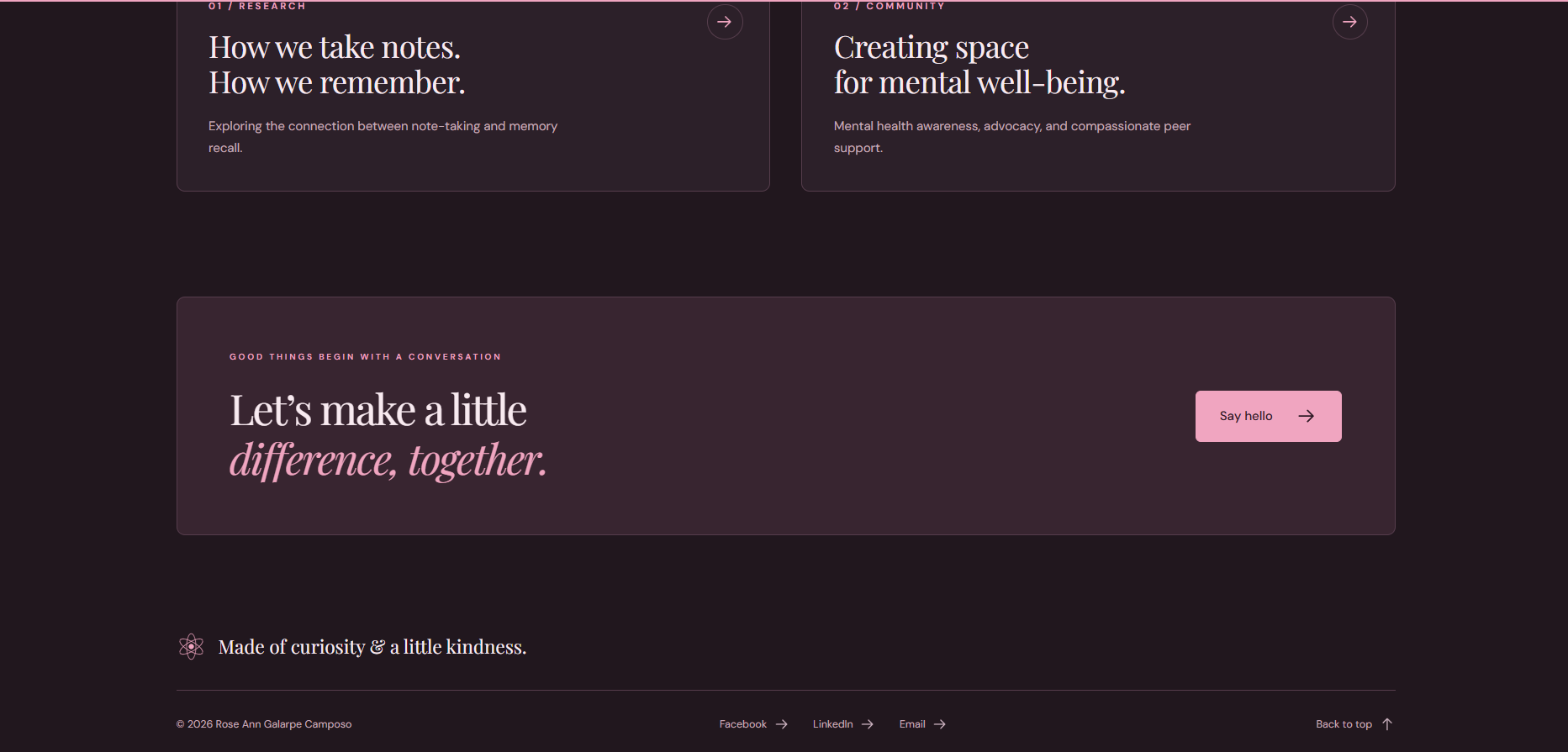 Rose Ann portfolio call-to-action section and footer beneath featured work