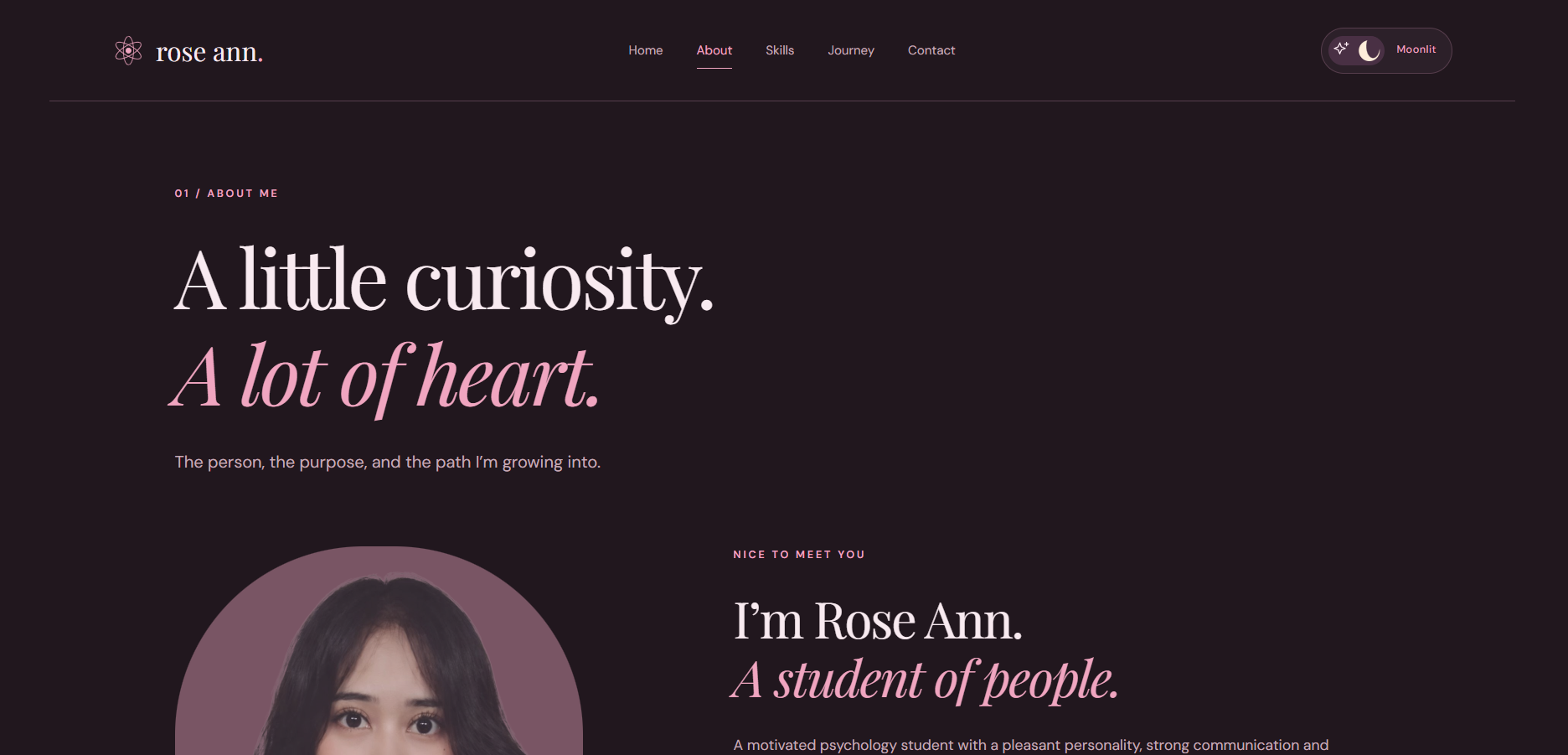 Rose Ann About page introduction with A little curiosity, A lot of heart