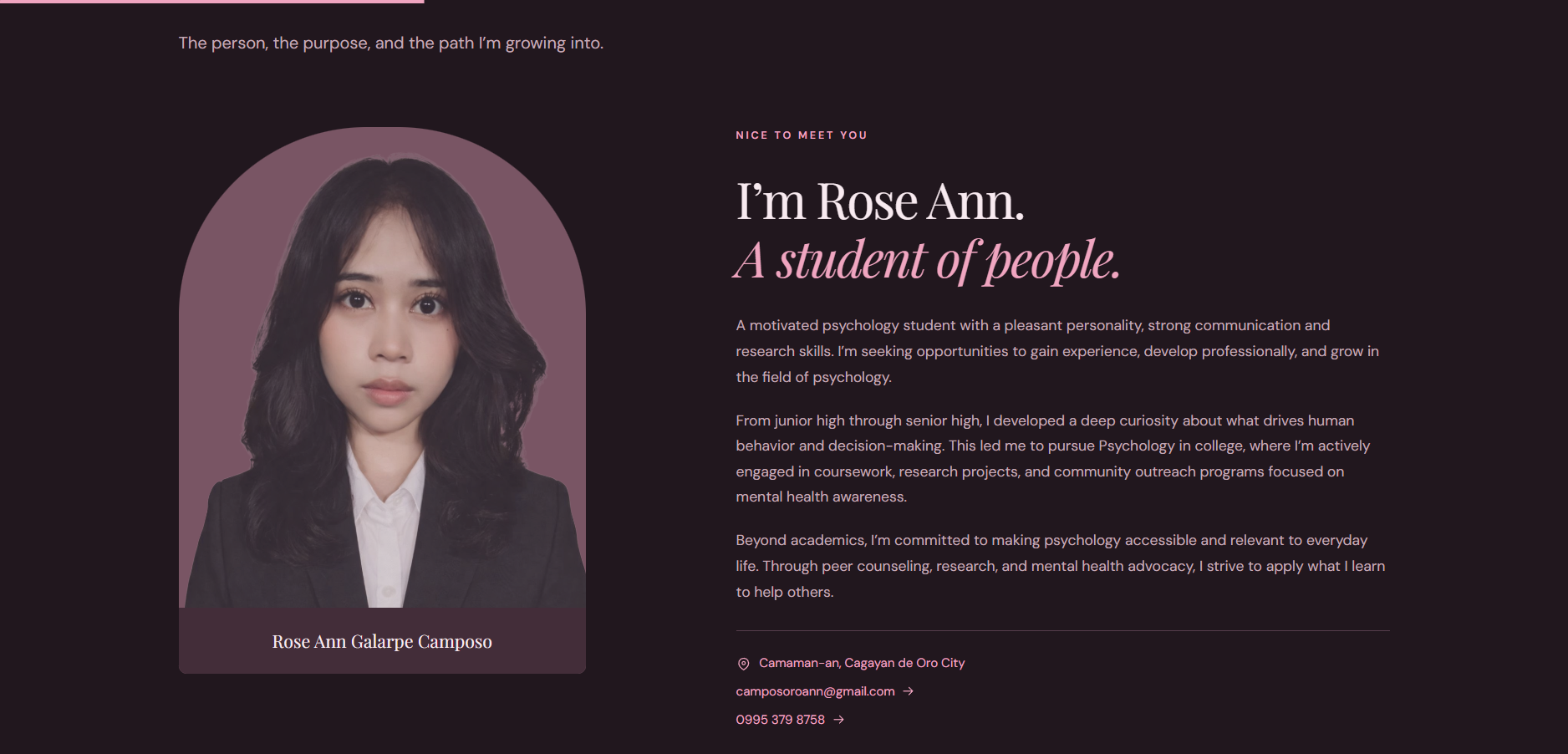 Rose Ann About page profile portrait and personal psychology student introduction