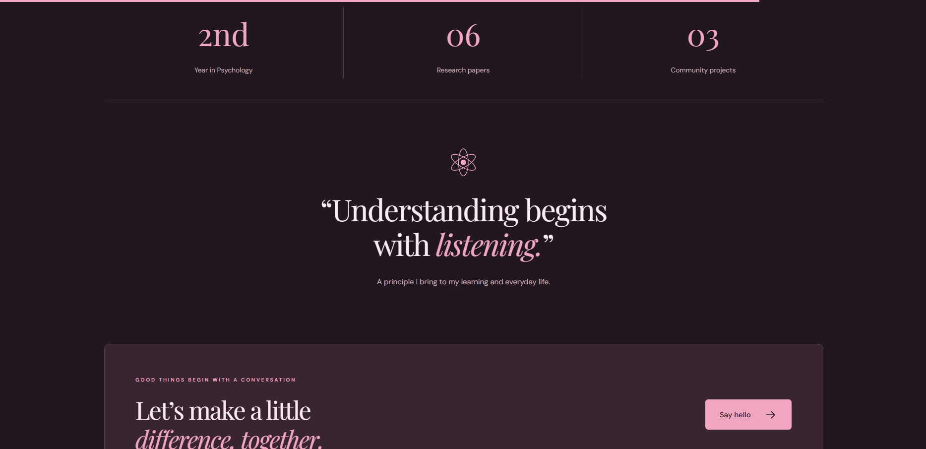 Rose Ann About page statistics, listening principle, and conversation call-to-action