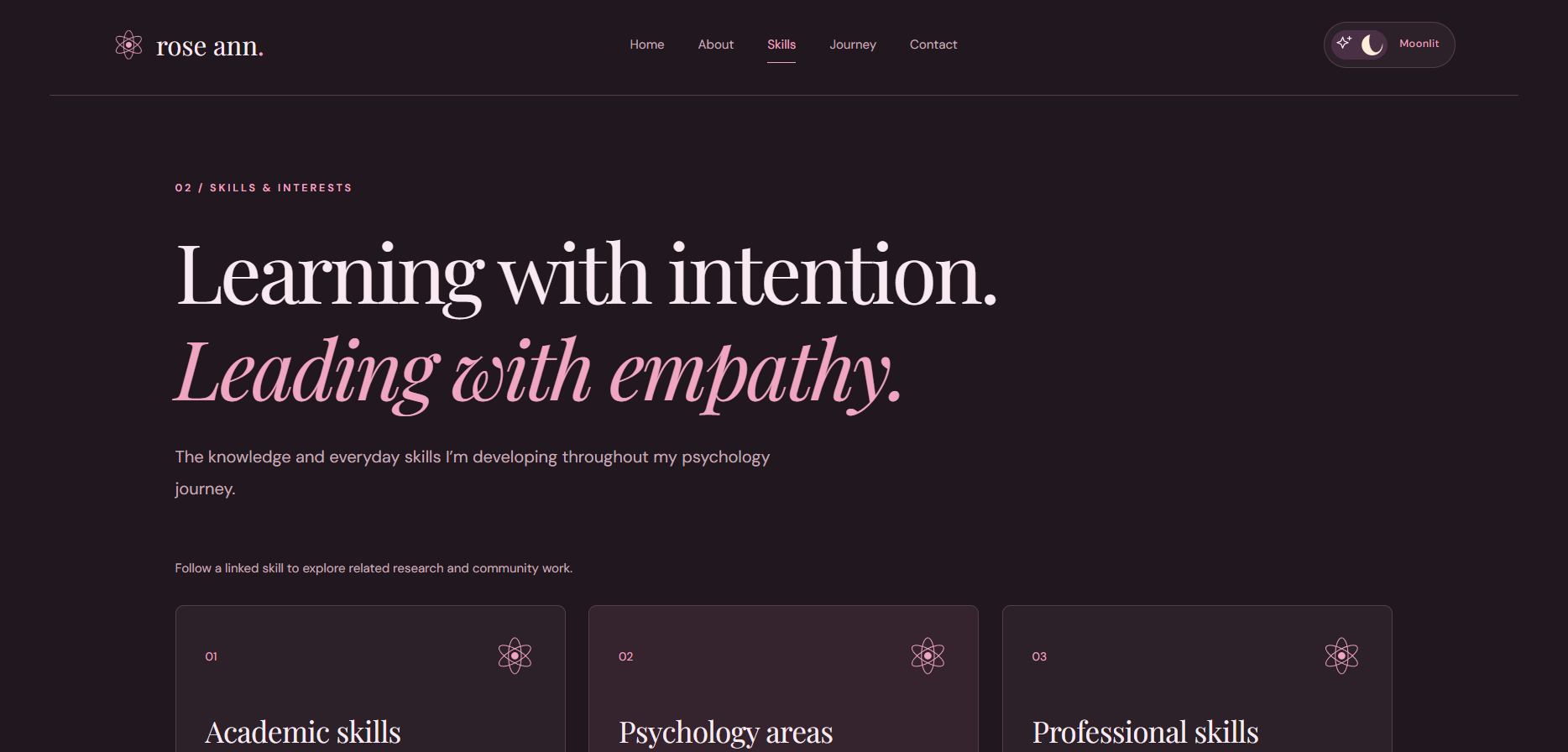 Rose Ann Skills page hero with Learning with intention, Leading with empathy