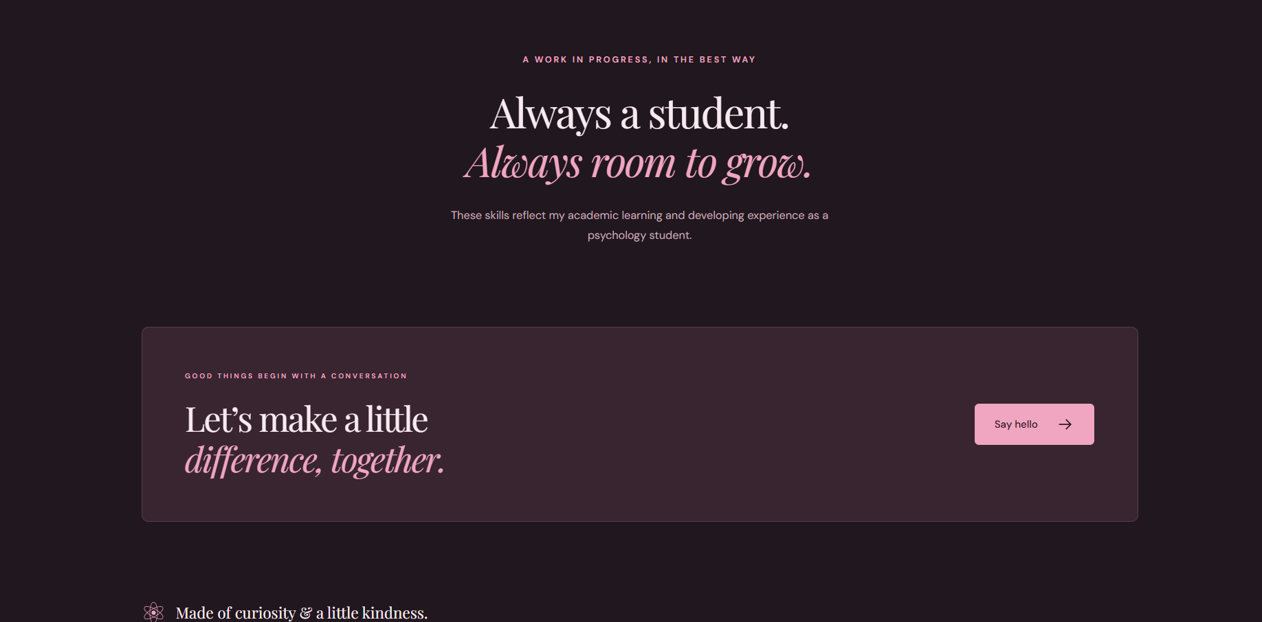 Rose Ann Skills page growth statement and conversation call-to-action