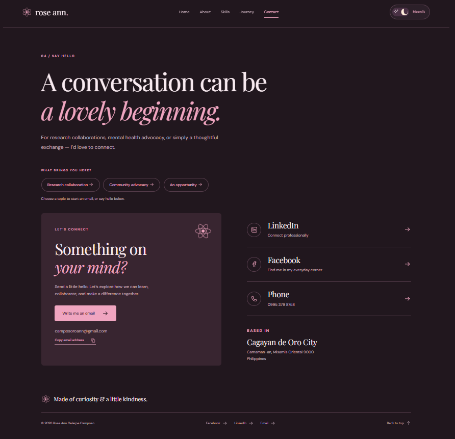 Rose Ann Contact page with conversation prompt, email, social links, and Cagayan de Oro location