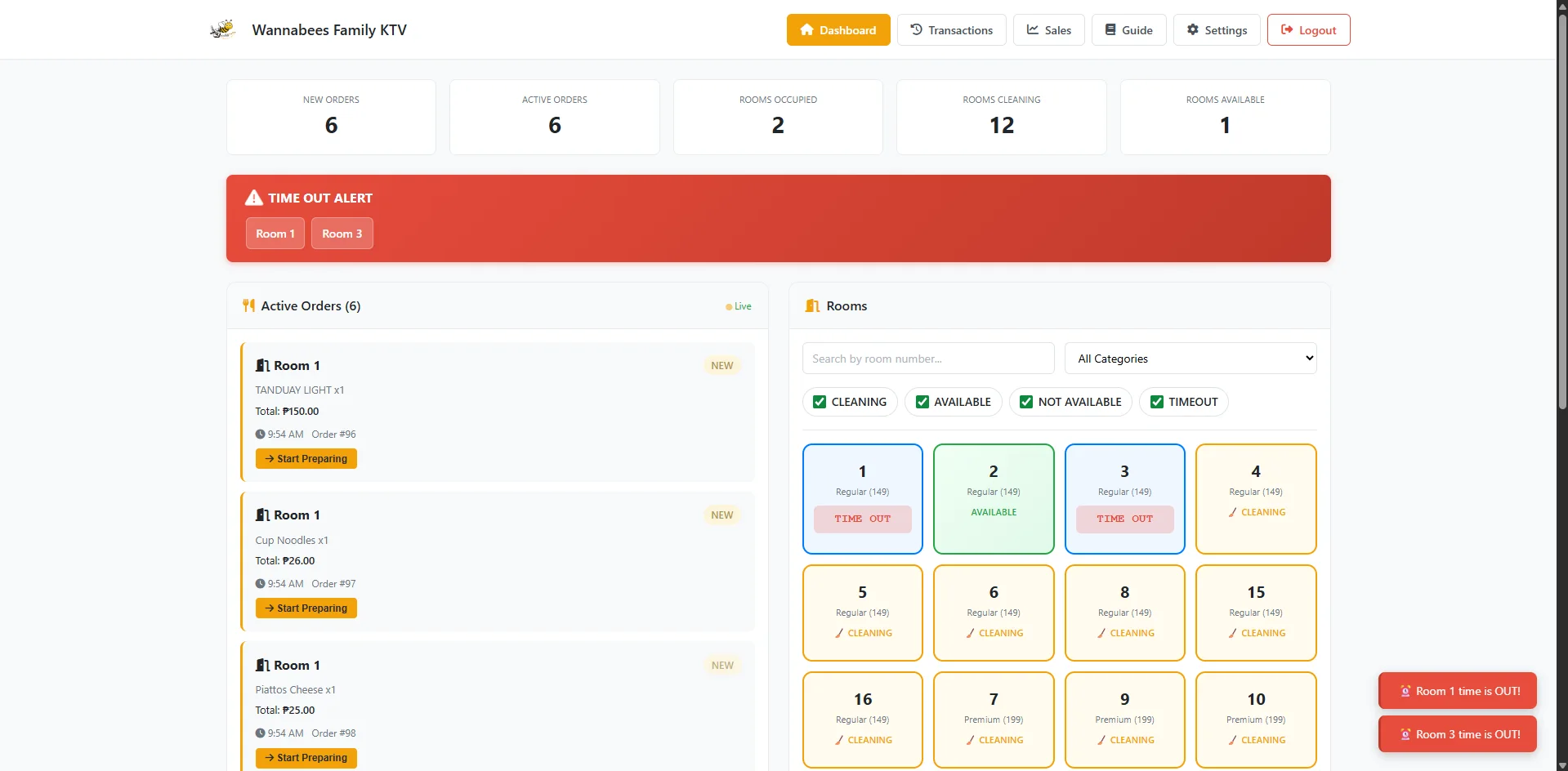 Wannabees KTV dashboard with active orders, room status, and time-out alerts
